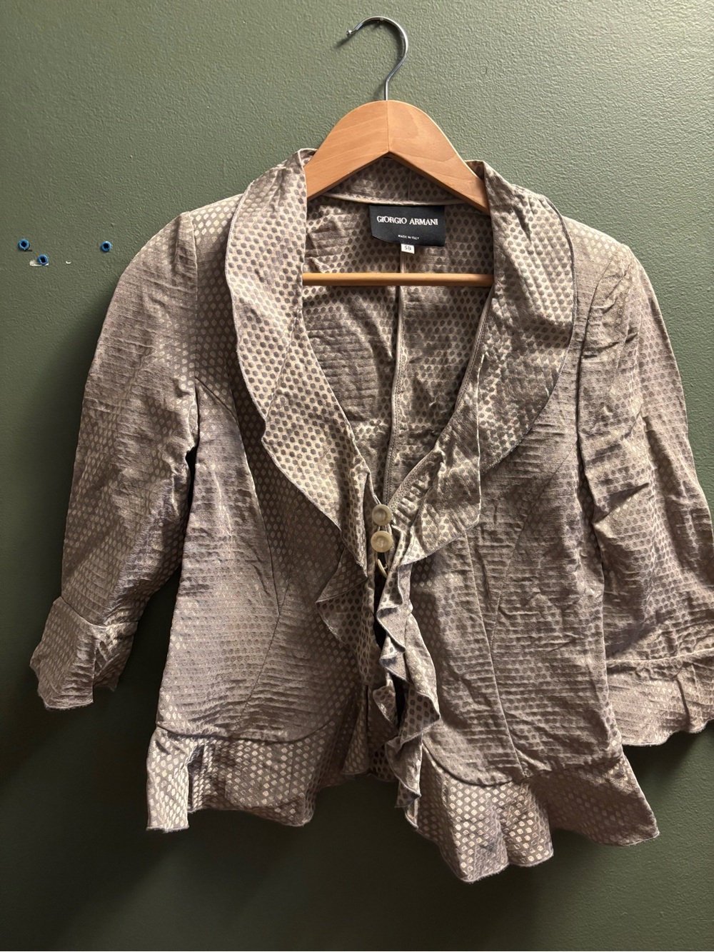 Giorgio Armani Taupe Textured Ruffle-Front Blazer
